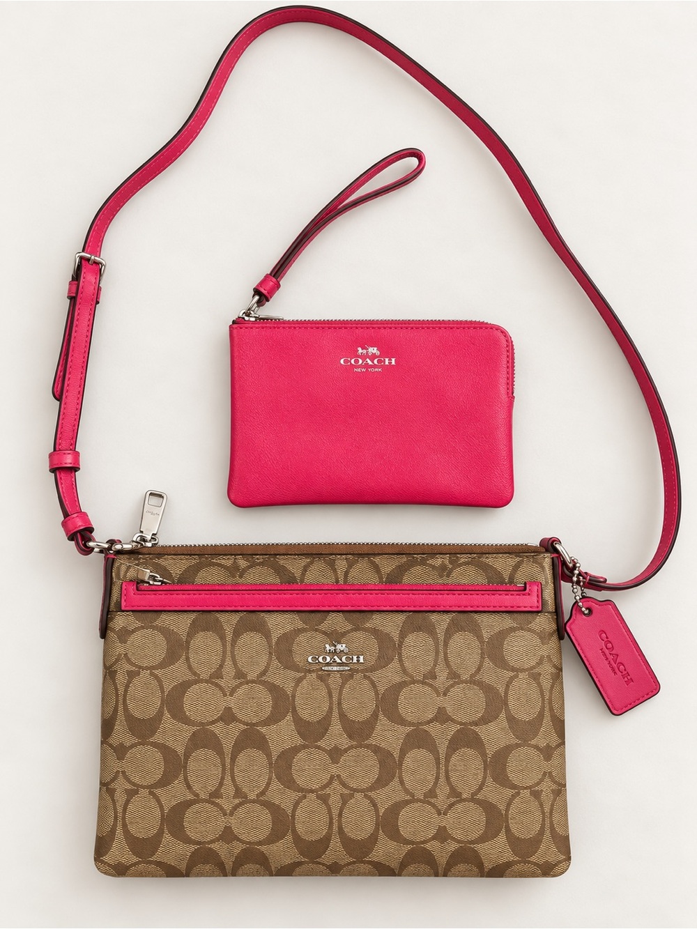 Coach Signature Crossbody Pink Wristlet Pouch 3 Piece Set